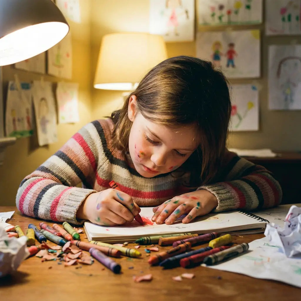 An 8-year-old girl intensely focused on drawing at a messy, inspiring wooden art desk using Shoyee's premium natural beeswax crayons, with her colorful artwork taped to the wall.