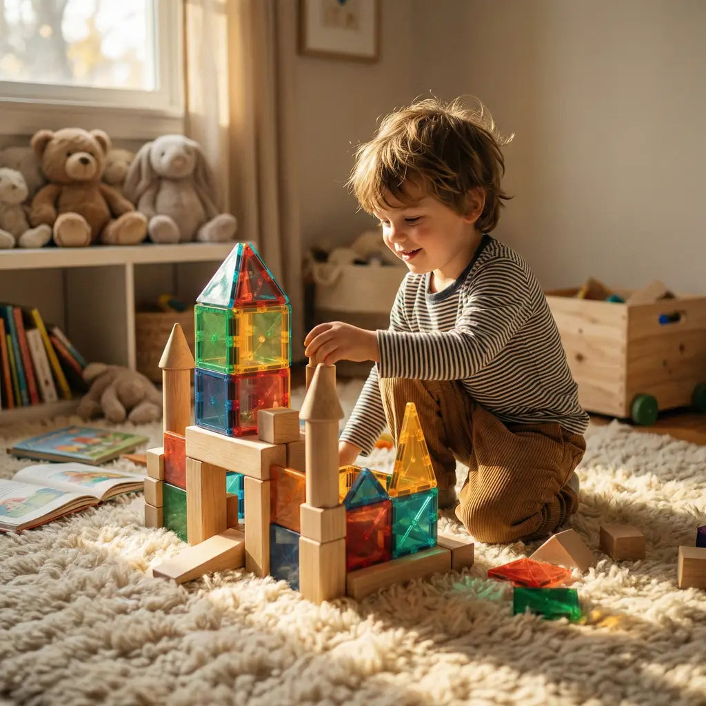 A 4-year-old child happily building a tall castle with Shoyee's natural wooden blocks and colorful magnetic tiles on a cozy bedroom rug, bathed in warm afternoon sunlight.