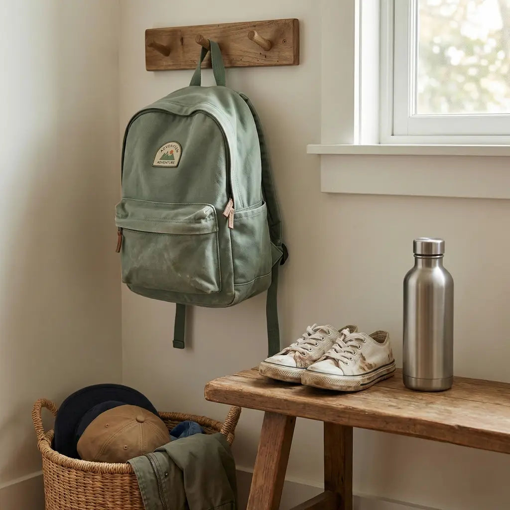 Shoyee's durable sage green canvas kids backpack hanging on a rustic mudroom hook, next to scuffed sneakers and a stainless steel water bottle, ready for daily adventures.
