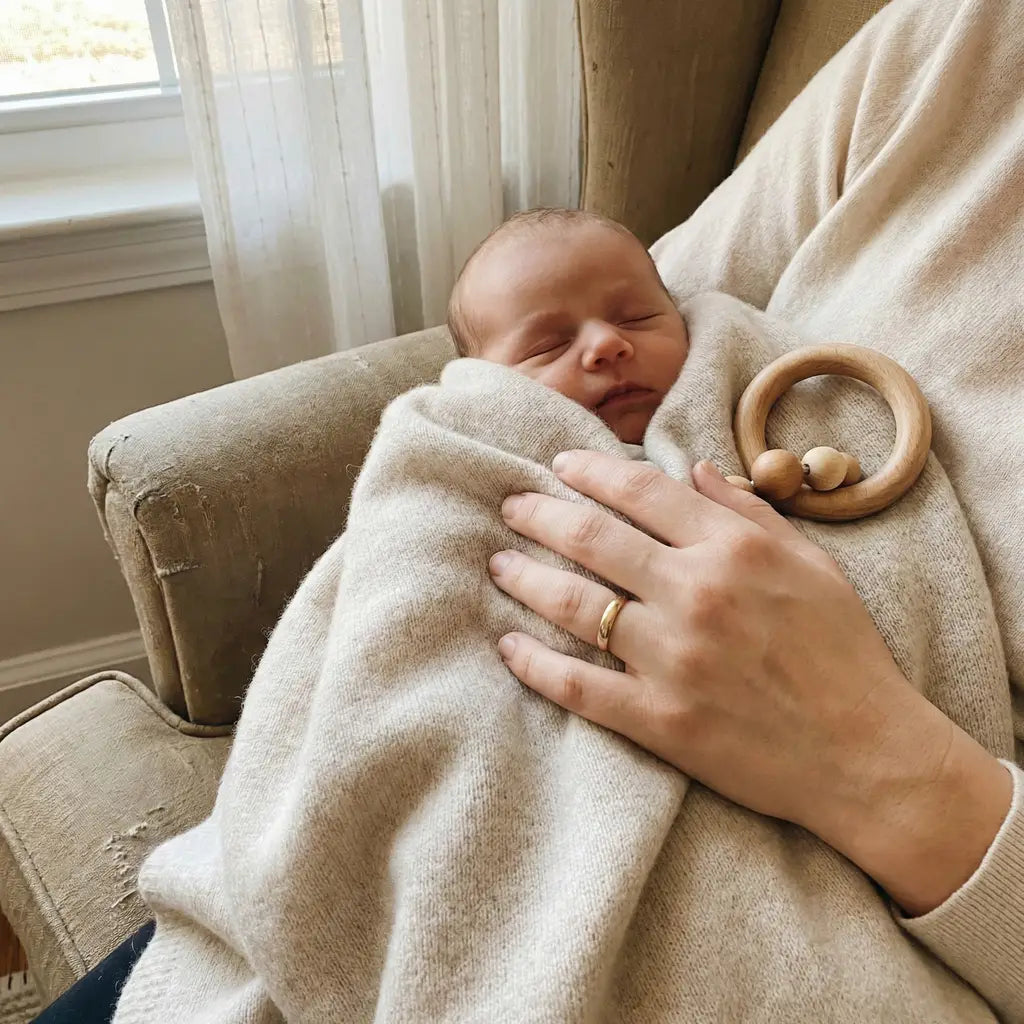 A mother gently rocking her newborn baby nestled in Shoyee's cloud-soft oatmeal pure cashmere blanket, with a smooth wooden sensory rattle resting nearby in a cozy nursery corner.