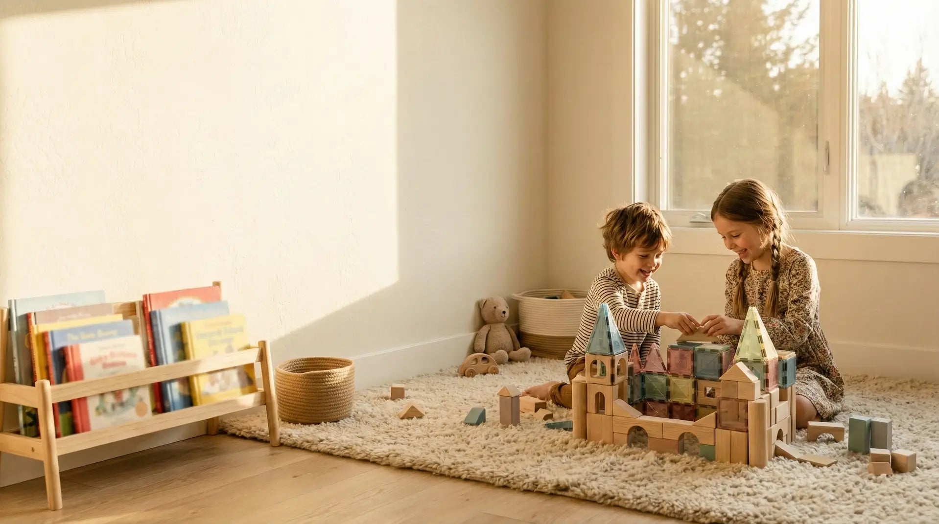 Two children joyfully building a complex castle with Shoyee's natural wooden blocks and pastel magnetic tiles in a warm, sunlit playroom, inspiring open-ended play and creativity.