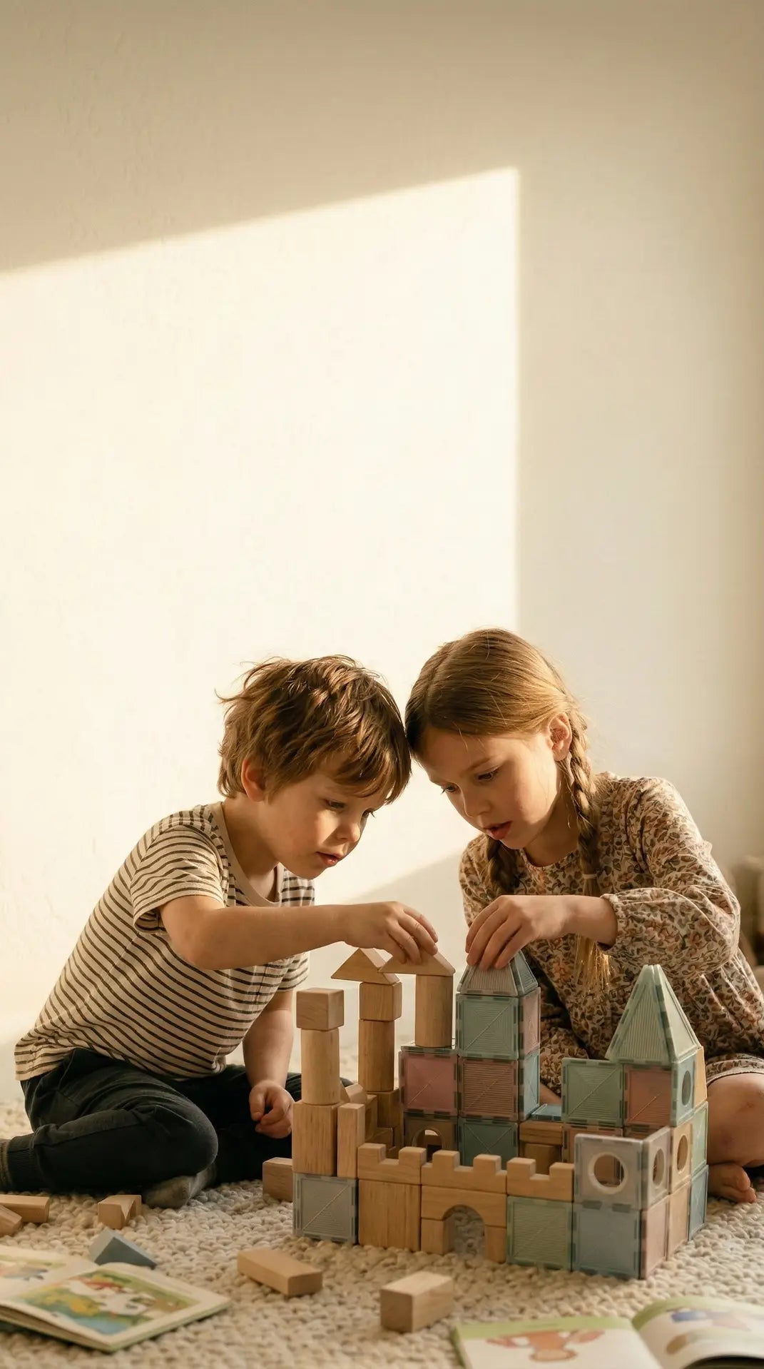 A close-up view of children engaging in open-ended play, focused on building with Shoyee's premium natural wooden blocks and colorful magnetic tiles in a cozy, sunlit space.