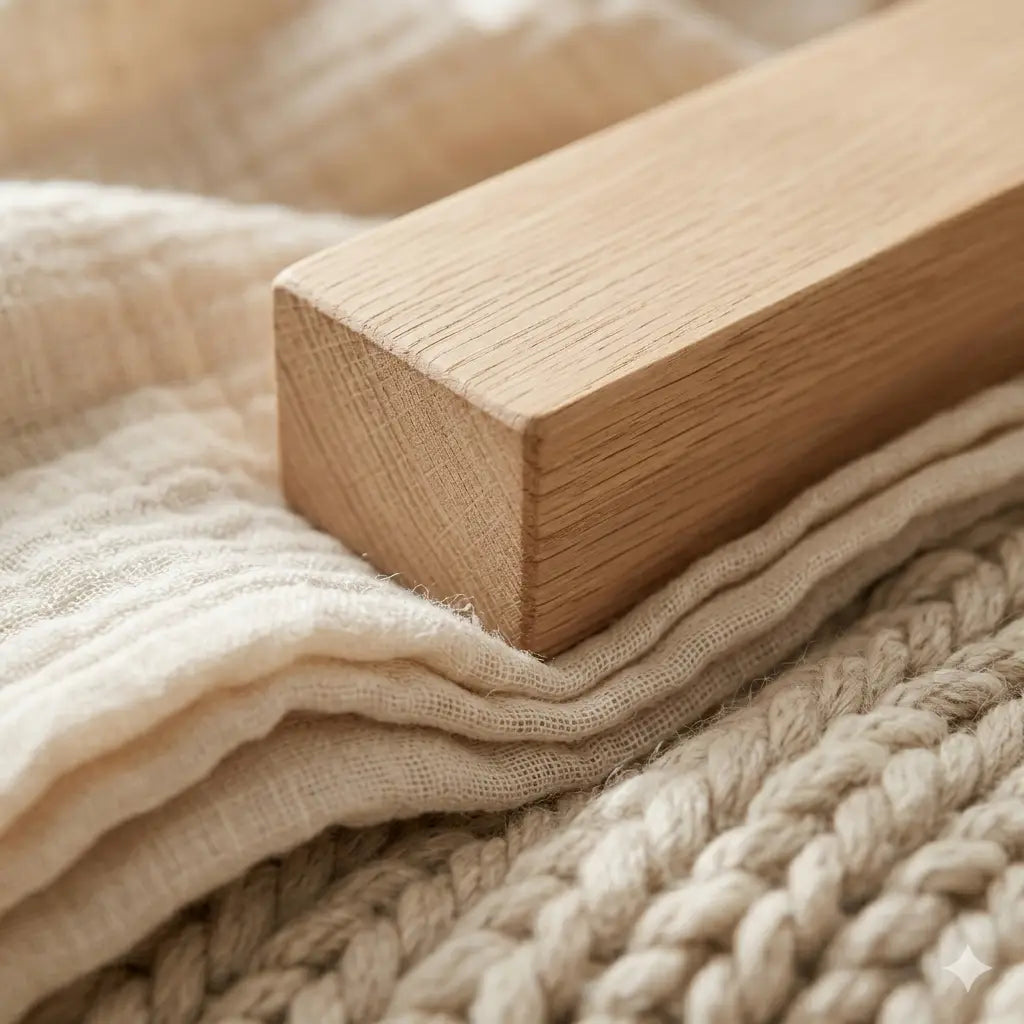 An extreme close-up of Shoyee's sustainable natural wooden toys resting on soft organic cotton muslin, highlighting the pure, non-toxic, and tactile materials used across our entire collection.